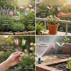 SYBADIX dragonfly clipped on flowerpot demonstrating easy attachment and decor boost