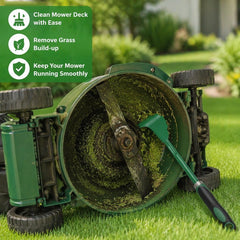 SYDERWE scraper being used under a riding mower showing time-saving maintenance