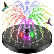 SZMP solar fountain front view showing spray and LEDs giving decorative appeal