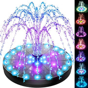 SZMP solar fountain front view showing pump and lights which enhances garden ambiance