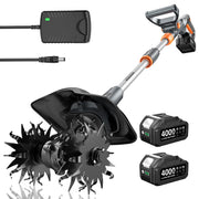 TaskStar front view of cordless tiller showing controls and benefits