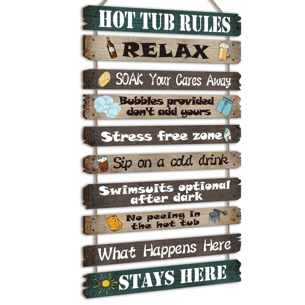 Tatuo front view of six hot tub rules signs showing playful designs and quick setup benefit