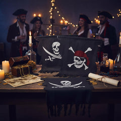 Tatuo full-view skull and bones banner hung, adds dramatic party focal point