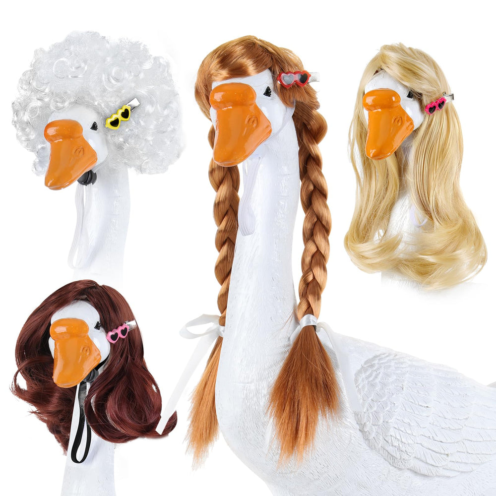 Tawd front view of four porch goose wigs showing colorful styles and clips