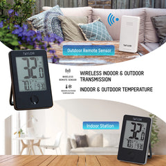 Taylor indoor display on a living room table showing dual temps and clock, easy reading