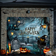 Teenyyou garage cover front view showing full pumpkin cemetery scene and seasonal curb appeal