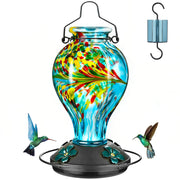 Tegarbed front view of blue phoenix feeder showing vibrant glass and tidy seal benefit