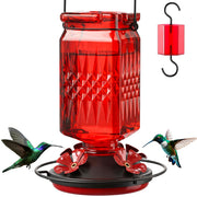 Tegarbed front view glass feeder showing red base and four ports attracting hummingbirds