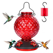 Tegarbed front view of glass feeder showing red base and clear reservoir for attracting hummingbirds