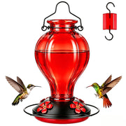 Tegarbed front view red feeder shows decorative glass and perch benefit