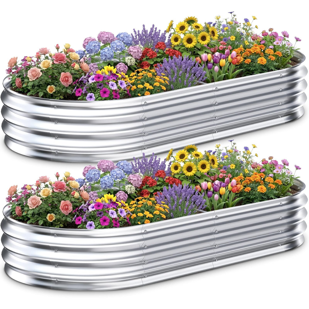 Tegarbed front view of two galvanized raised beds showing durable design and space savings
