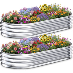 Tegarbed front view of two galvanized raised beds showing durable design and space savings