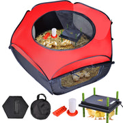 Tetuga brooder box front view showing secure pen and included accessories for safe brooding