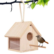 Tfwadmx front view of wooden bird house showing entry and natural wood, invites birds to nest