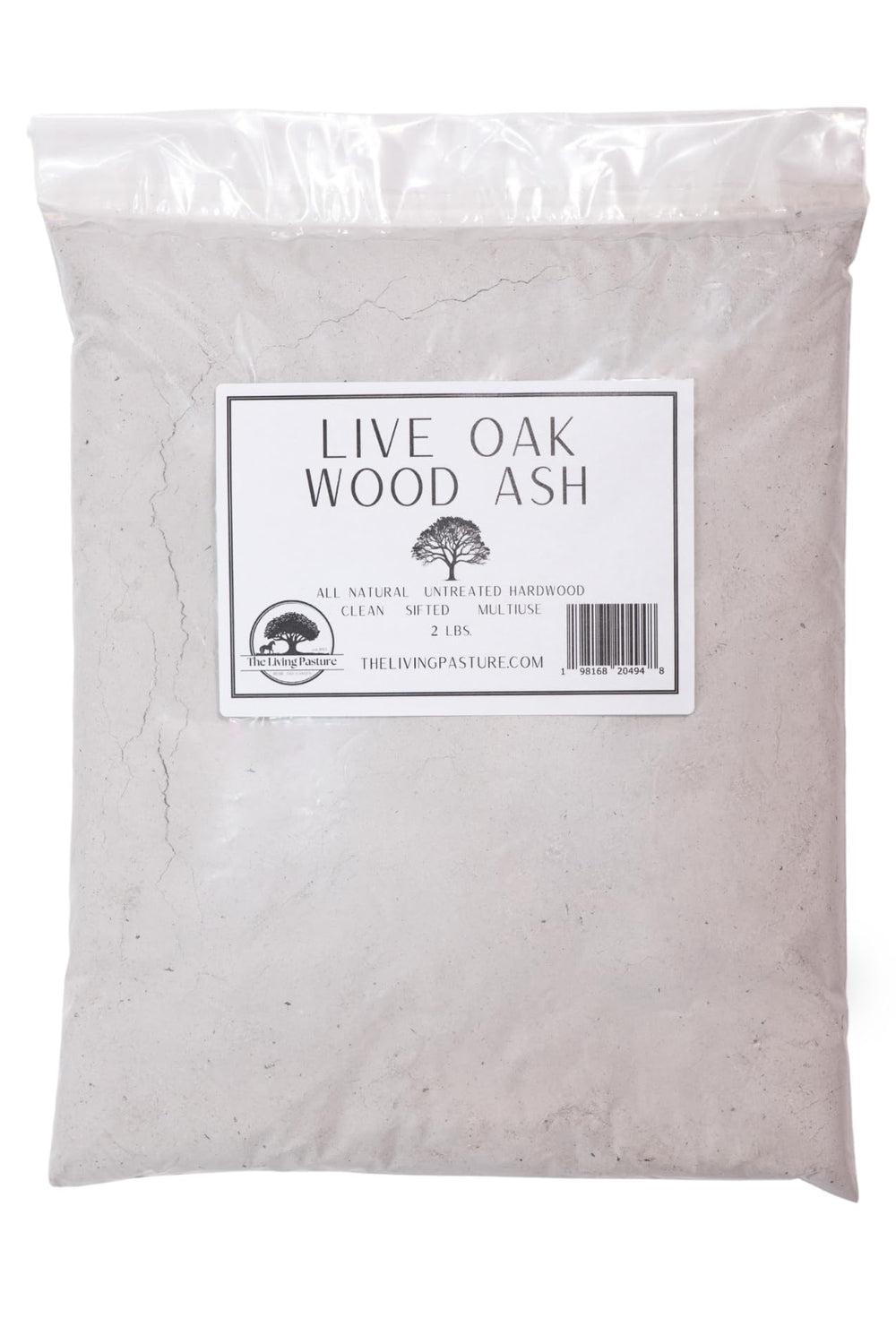 The Living Pasture front bag of live oak wood ash showing product packaging and natural source benefits