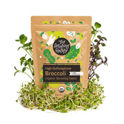 The Sprouting Company front packaging showing organic broccoli seeds and brand benefit