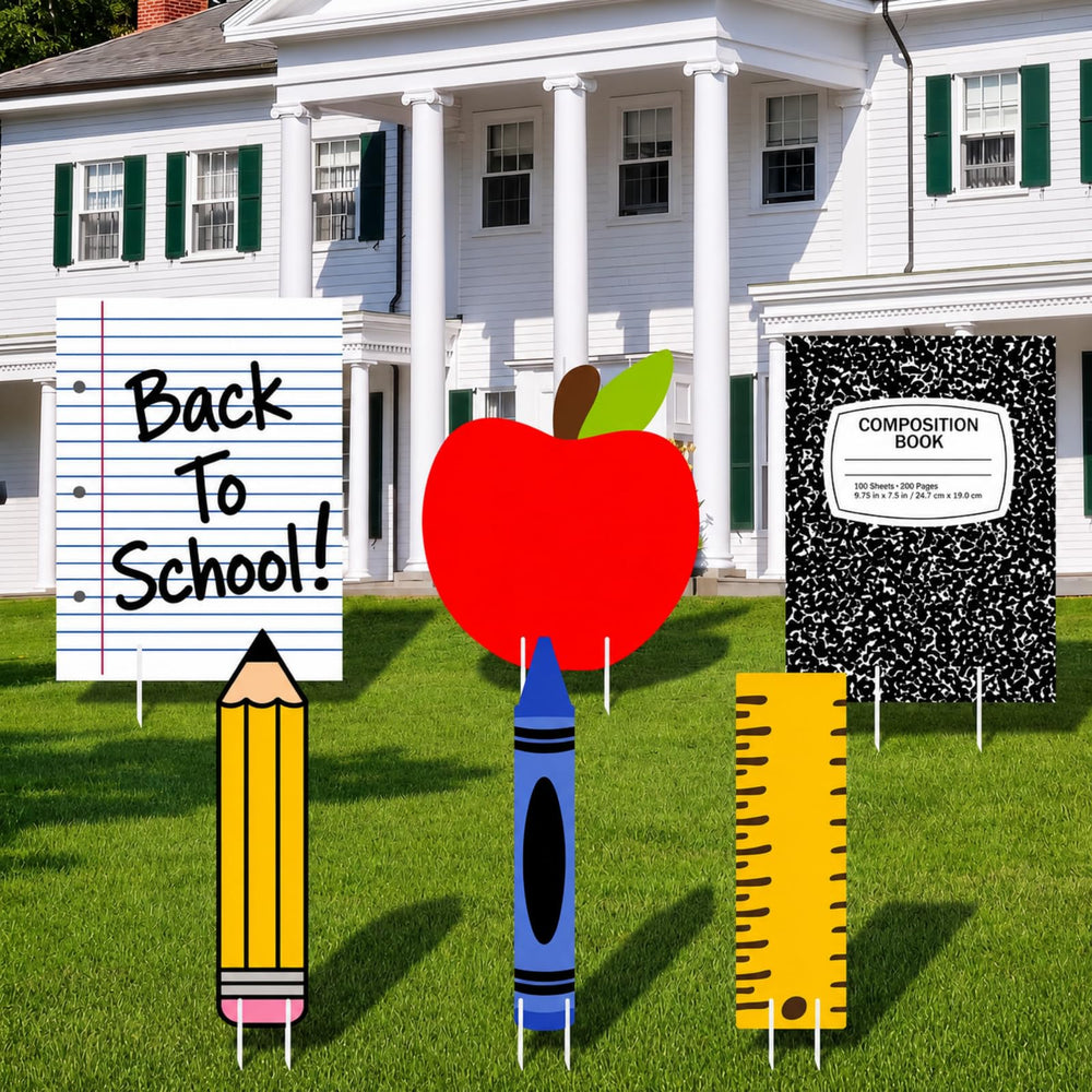 Thyle front view of six back to school yard signs showing colorful welcome