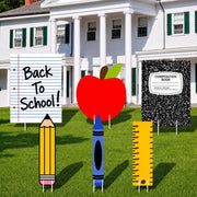 Thyle front view of six back to school yard signs showing colorful welcome