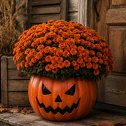 Thyle front view of pumpkin planter showing carved face and bright orange color for instant Halloween charm