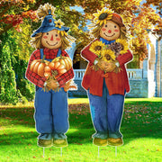 Thyle scarecrow front view showing cheerful pumpkins and sunflowers, boosts curb appeal