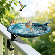 TIANCENTRAL H front view of deck-mounted bird bath showing placement and invite