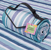 TigeJoy blanket front view showing plaid pattern and compact carry benefit