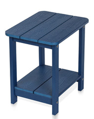 Tikea navy side table front view showing compact two-tier surface and stability