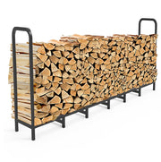 Tikimilor front view of 8ft firewood rack showing full capacity and organized storage benefit