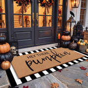 Tinideya front door stacked view showing layered pumpkin mat and stripe rug, welcoming curb appeal