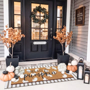 Tinideya layered front view showing pumpkin top mat and plaid base, welcoming curb appeal