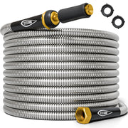 Titan front view stainless garden hose showing durable exterior and long reach benefit