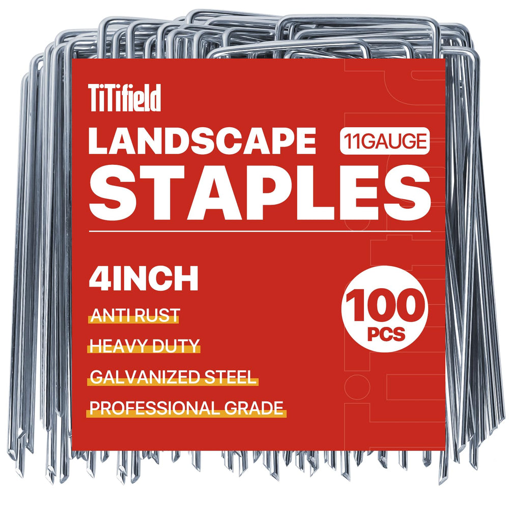 TiTifield front view of 100-pack landscape staples showing quantity and brand durability