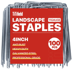 TiTifield front view of 100-pack landscape staples showing quantity and brand durability