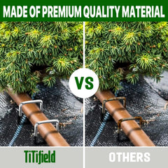 TiTifield staple securing weed barrier fabric demonstrating stable landscape anchoring