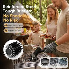 TITIUNCLE brush in use cleaning a porcelain grill grate for quick post-cookup cleanup