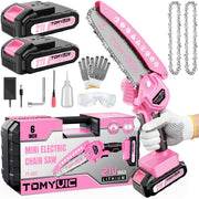 Tomyvic mini chainsaw front view showing controls and compact benefits
