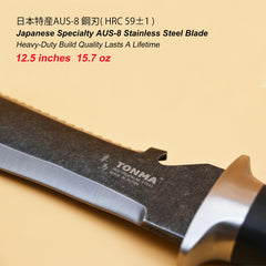 TONMA close-up of AUS-8 blade highlighting sharpness and rust resistance
