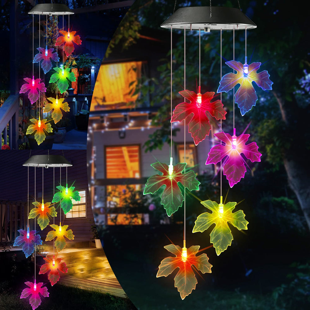 Toodour maple leaf wind chime front view showing colorful lights and hanging hook