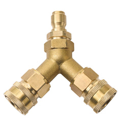 Tool Daily front view of pressure washer tee showing 3/8" quick-connect and two sockets, durable solution