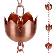 Topadorn front view showing full 8.5 ft rain chain and lotus cups enhancing facade