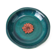 Topadorn front view showing full blue ceramic bowl and wide rim benefit: clear bird access