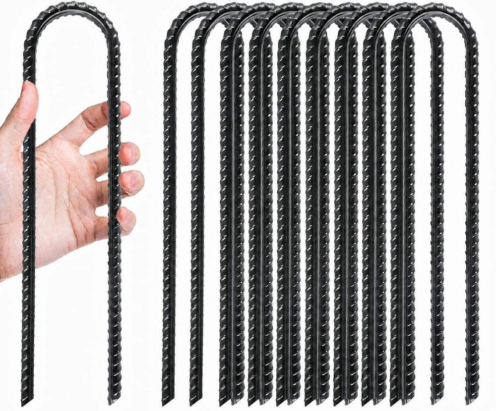 TopVeliform front view of 10-pack galvanized U-hook rebar stakes showing complete kit and benefit of quantity