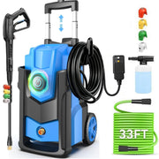 Toyqqeow front view of pressure washer showing compact blue unit and benefits portability