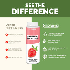 TPS NUTRIENTS bottle beside potted strawberries demonstrating container use