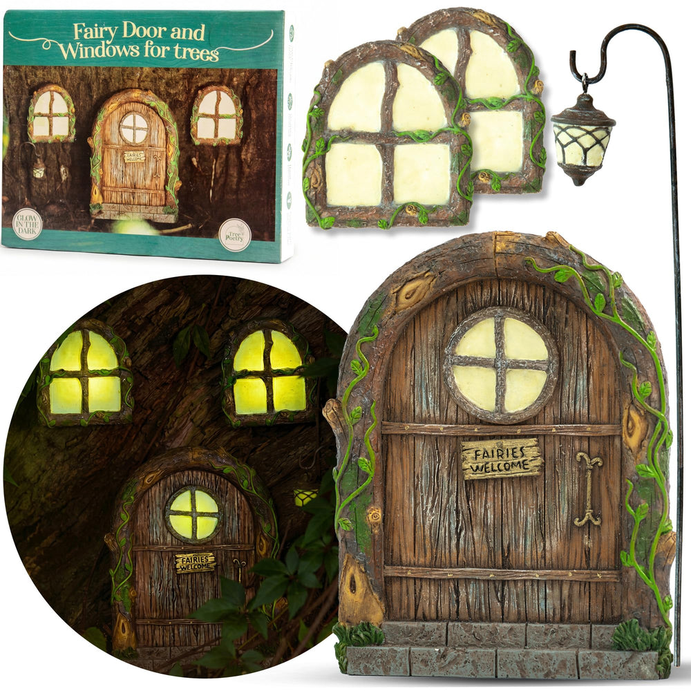 Tree Poetry fairy door front view showing detailed sculpting and natural finish benefit: instant garden focal point