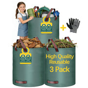 Trendara front view of three 80 gallon bags showing capacity and included gloves benefit quick cleanup