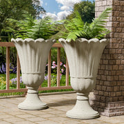 Trygoal beige urn planter front view showing elegant shape and stable pedestal