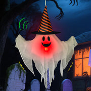 TURNMEON front view of hanging ghost showing full costume and hat, sets spooky mood