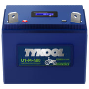 TYKOOL front view of U1-M-480 battery showing label and compact design, reliable replacement