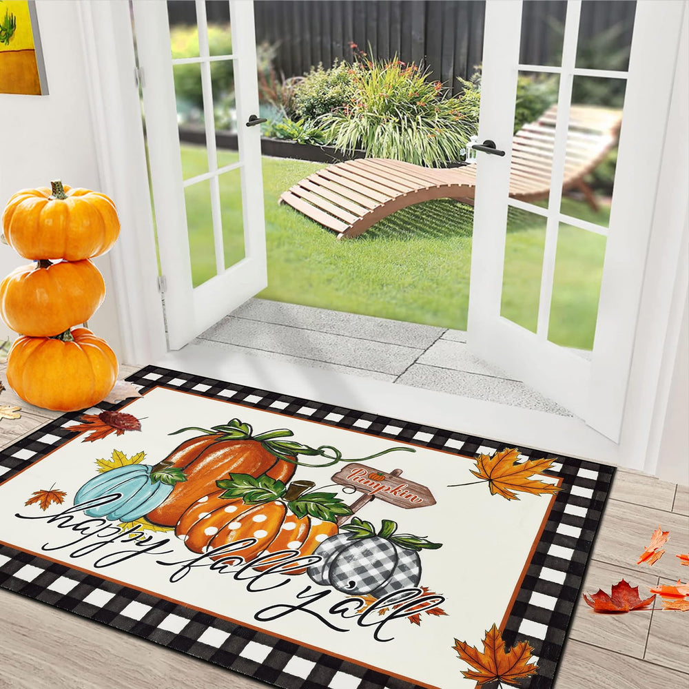 U'Artlines front view of vintage pumpkin doormat, greets guests and protects floors